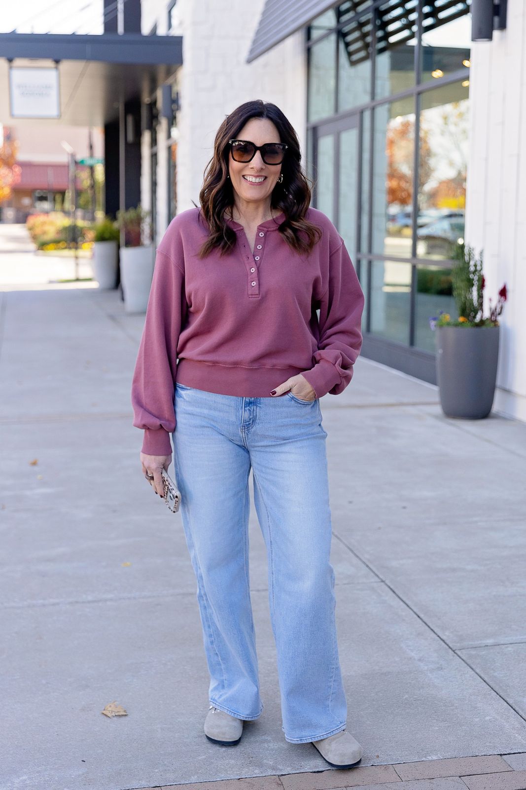 Casual Comfort: Mauve Henley and Wide-Leg Jeans Casual Comfort: Mauve Henley and Wide-Leg Jeans — Boston Outfits