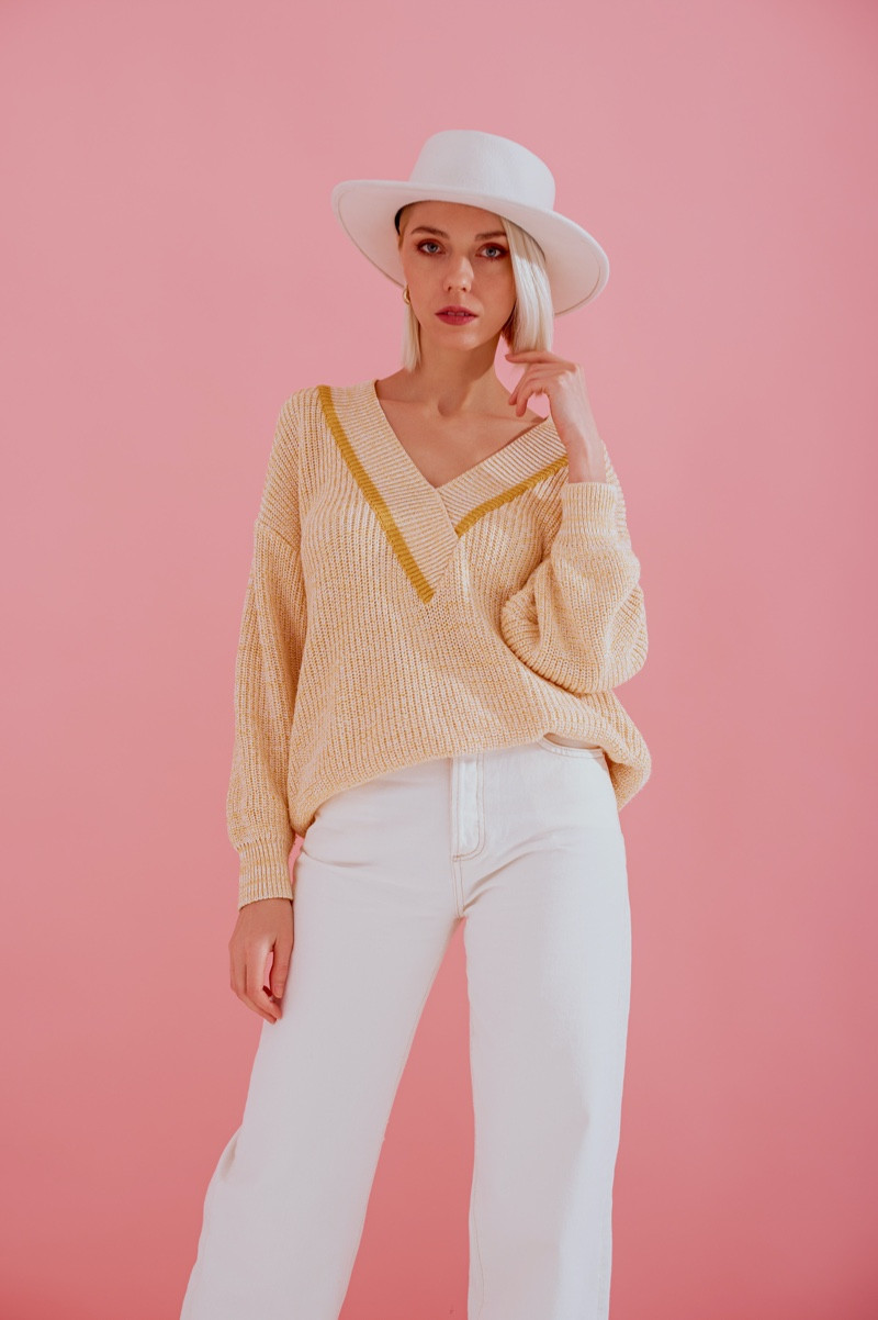 Cream V-Neck Sweater with Yellow Trim — Country Club Casual Outfits