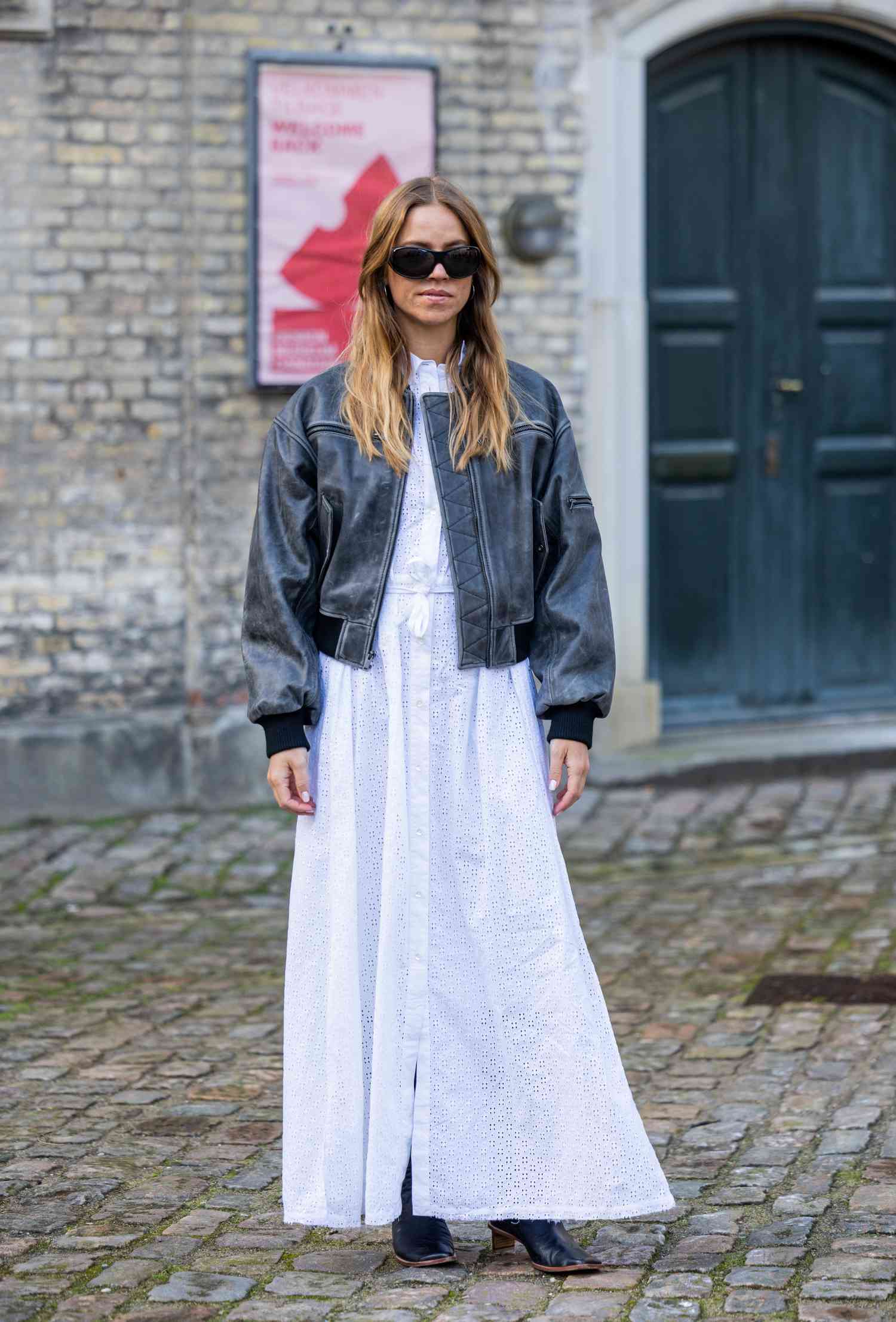 Grey Leather Bomber with Broderie Anglaise Maxi Dress — Bomber Jacket Outfits
