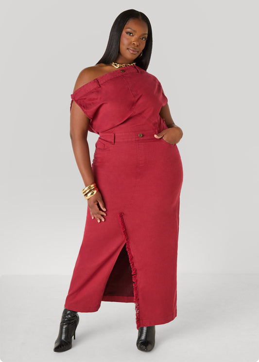 Red Denim-Like One-Shoulder Set Red Denim-Like One-Shoulder Set — Anniversary Dinner Outfits