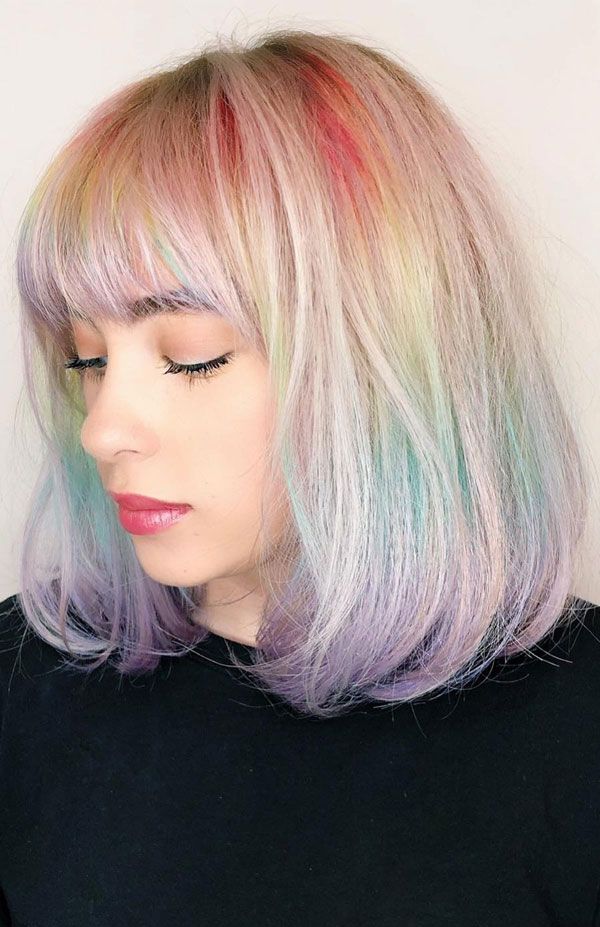 Chin-Length Bob With Blunt Bangs Chin-Length Bob With Blunt Bangs — Pastel Rainbow Hair