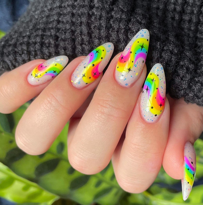 Neon Rainbow Swirl Stiletto Nails — Festival Nails