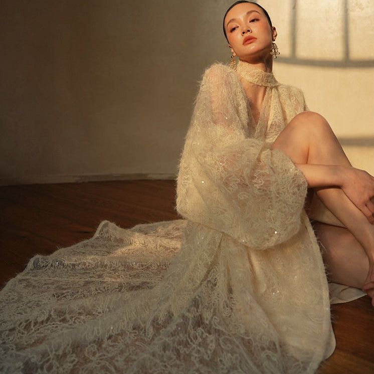 Ethereal Cream Gown with Dramatic Sleeves and Train — Rehearsal Dinner Dresses