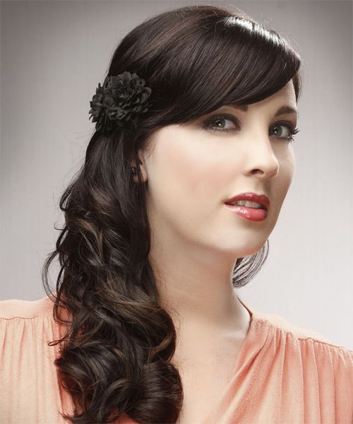 Glossy Curls With Side Swept Bangs Glossy Curls With Side Swept Bangs — Half Up Half Down with Bangs