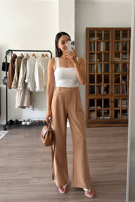 High-Waisted Camel Palazzo Pants with Tank Top High-Waisted Camel Palazzo Pants with Tank Top — Palazzo Pants Outfits