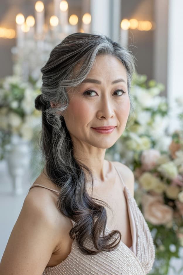 Salt and Pepper Half-Up Ponytail — Mother of the Groom Hairstyles