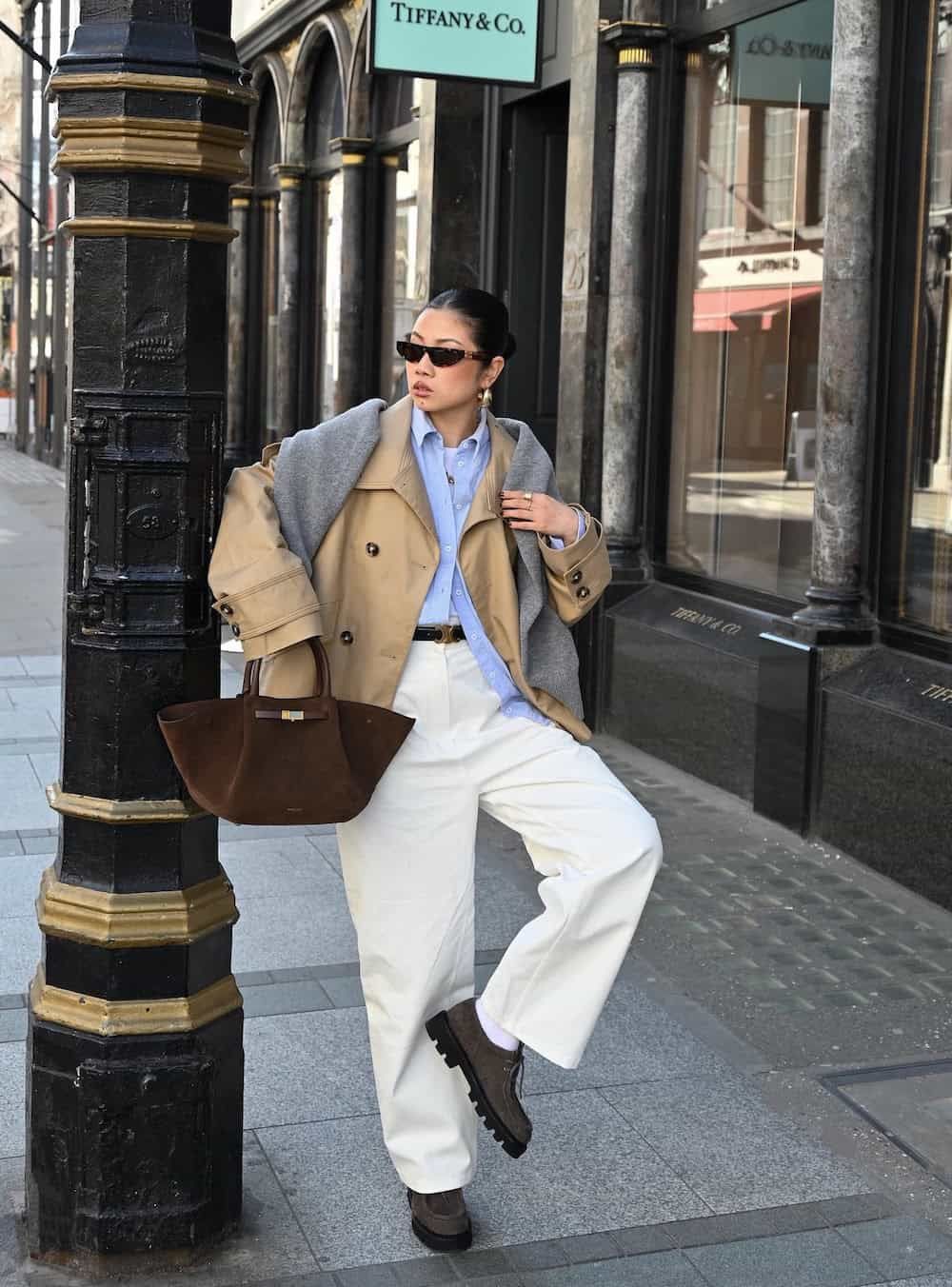 Wide-Leg Pants and Trench Coat with Brown Loafers — Chunky Loafers Outfits