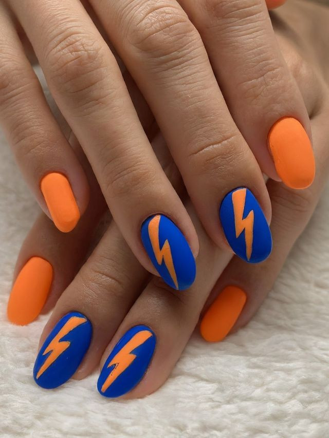 Matte Blue Orange Lightning Bolt Nails Matte Blue Orange Lightning Bolt Nails — Basketball Nails