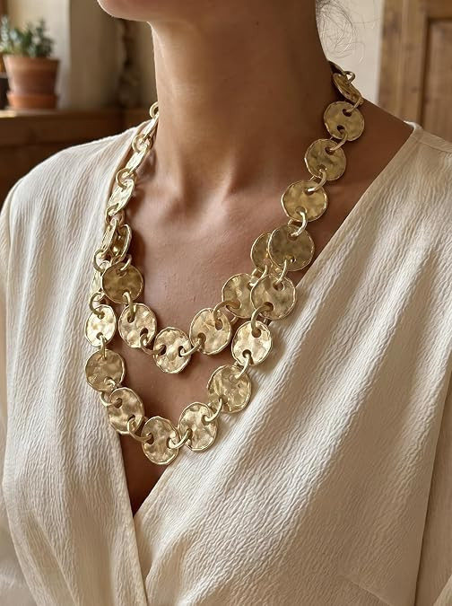 Double-Layered Hammered Disc Necklace with Textured Blouse — Chunky Gold Necklaces