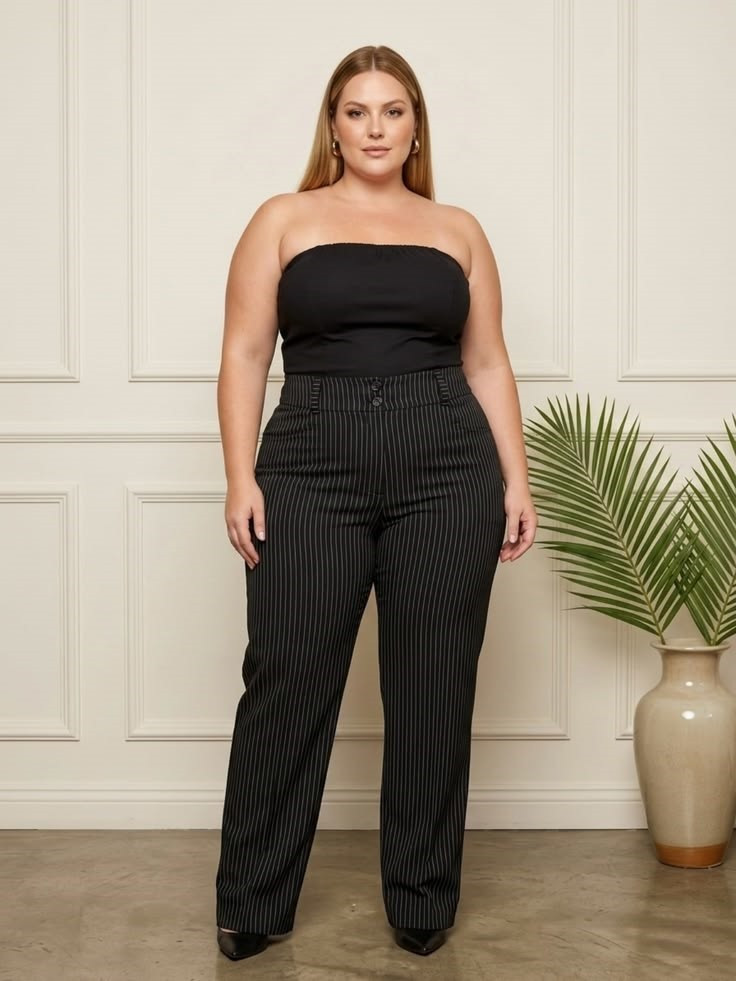 Strapless Top with High-Waisted Pinstripe Trousers — Outfits for Inverted Triangle