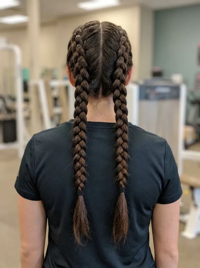 Symmetrical Dark Brown Dutch Braids Symmetrical Dark Brown Dutch Braids — Softball Hairstyles
