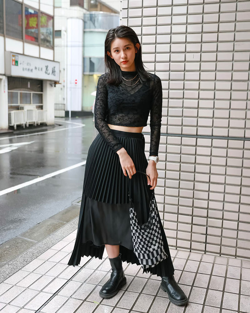 Edgy Monochromatic: Mesh Crop Top and Asymmetrical Skirt — Tokyo Outfits