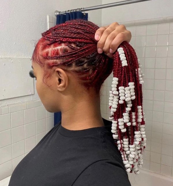 Deep Red Braids Ponytail With Beads