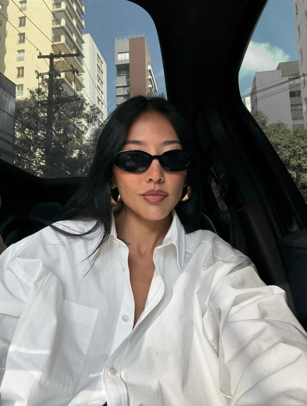 Oversized White Shirt and Gold Hoops with Black Oval Sunglasses — Oval Sunglasses Outfits
