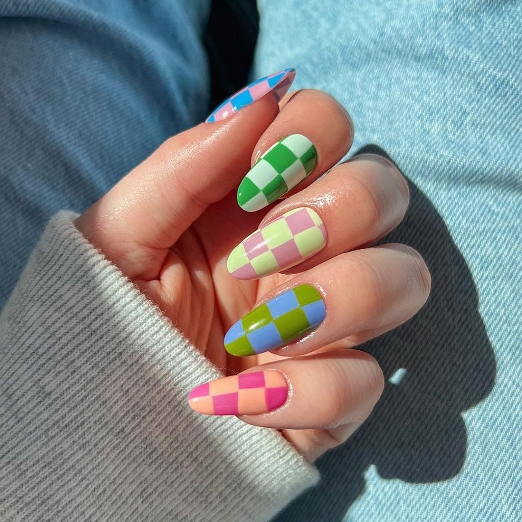 Checkerboard Skittle Almond Nails Checkerboard Skittle Almond Nails — Skittle Nails