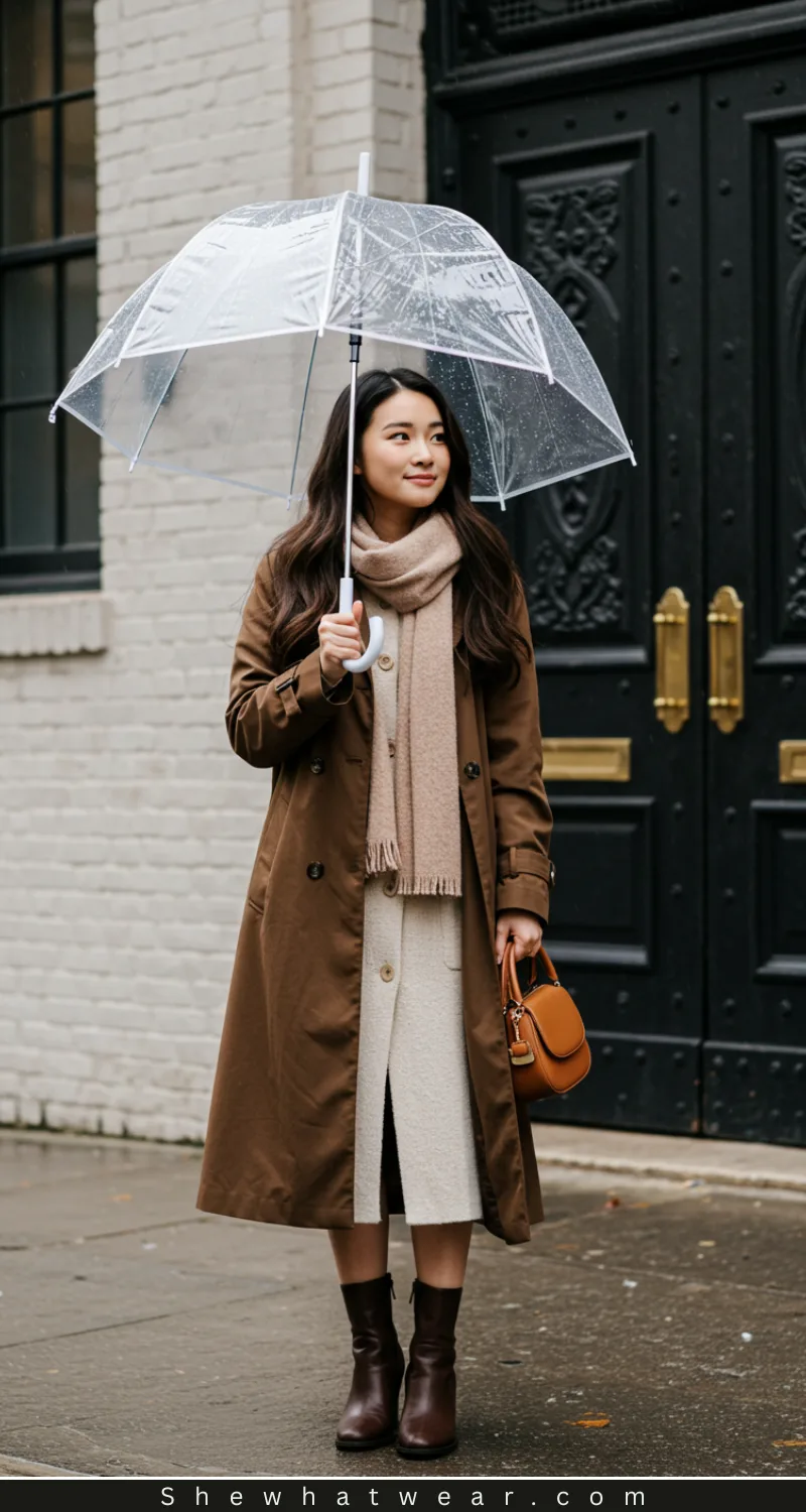 Elegant Trench Coat and Scarf for a Chic Rainy Day Elegant Trench Coat and Scarf for a Chic Rainy Day — Rainy Day Outfits