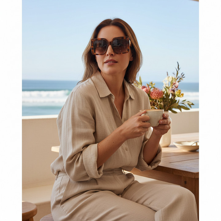 Oversized Tortoiseshell Sunglasses With Linen Shirt Oversized Tortoiseshell Sunglasses With Linen Shirt — Sunglasses for Square Face
