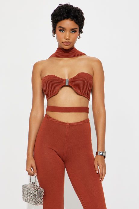 Burnt Orange Knit Set with Neck Scarf Detail — Fashion Nova Outfits