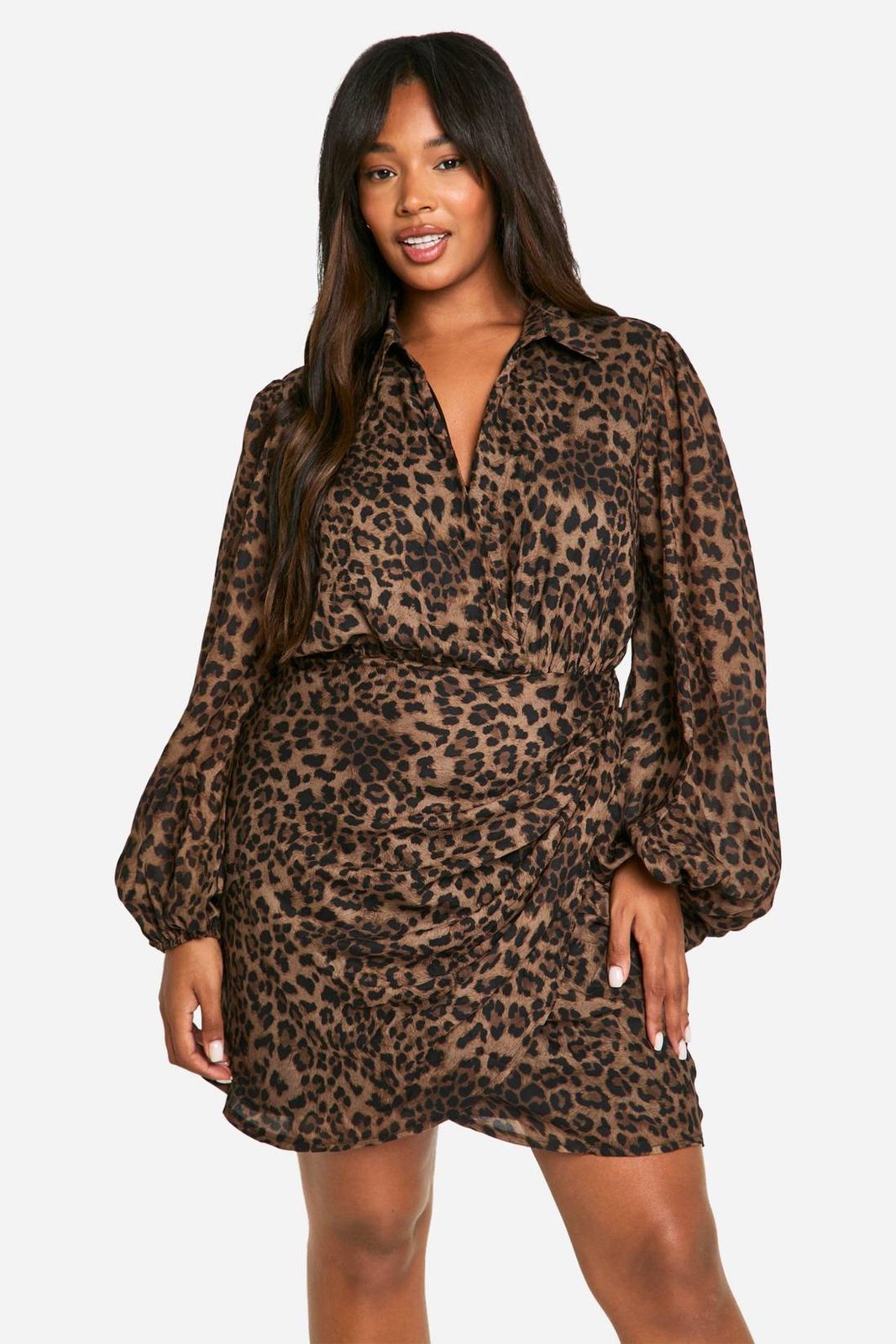 Dramatic Leopard Wrap Dress with Puff Sleeves — Leopard Print Dresses