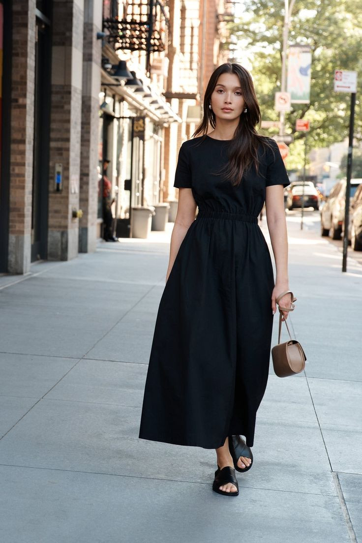 City Street Style: Black Midi Dress with Slide Sandals — Little Black Dress Outfits
