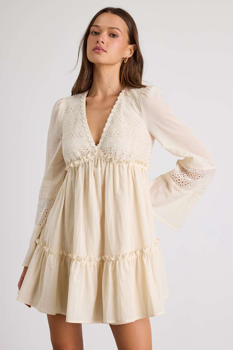 Cream Long Sleeve Babydoll Dress with Crochet Lace — Babydoll Dresses