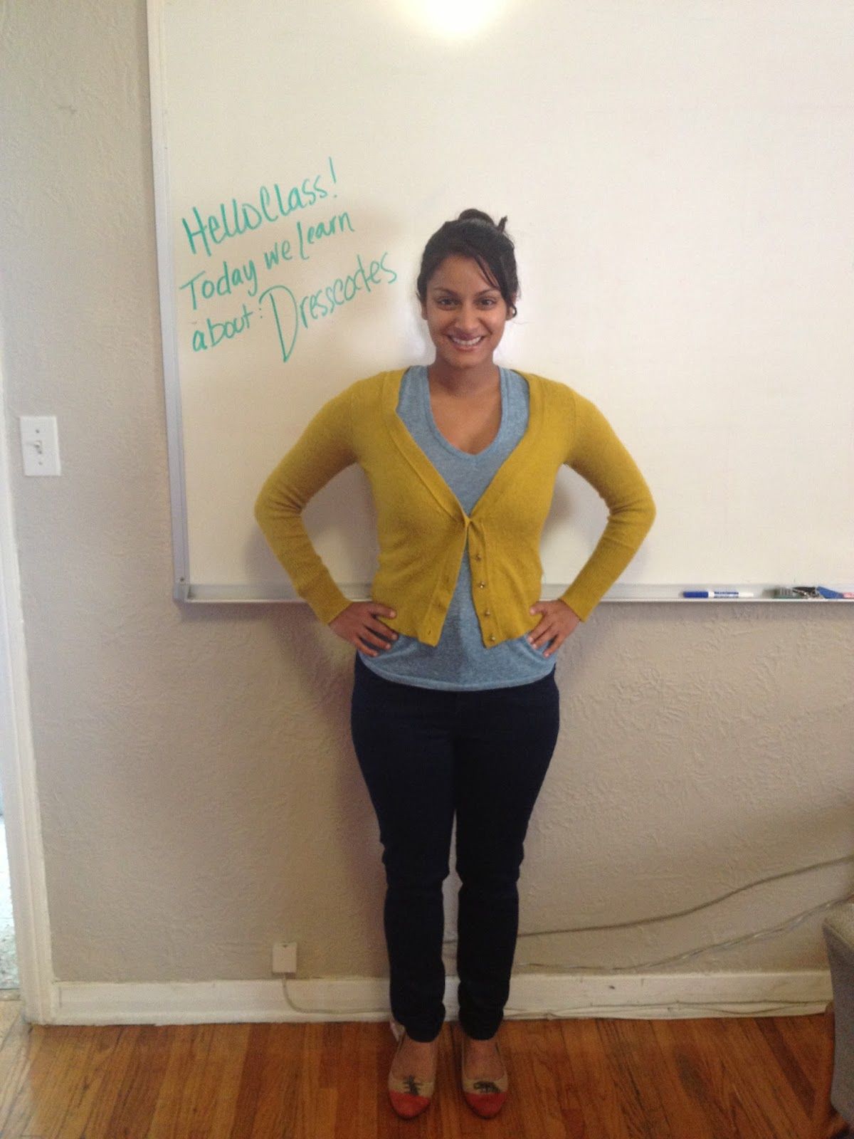 Bright and Cheerful: Yellow Cardigan with Navy Pants Bright and Cheerful: Yellow Cardigan with Navy Pants — Substitute Teacher Outfits