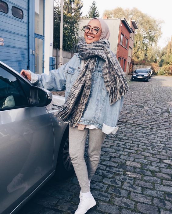 Denim Jacket and Plaid Scarf for a Layered Casual Look Denim Jacket and Plaid Scarf for a Layered Casual Look — Casual Hijab Outfits