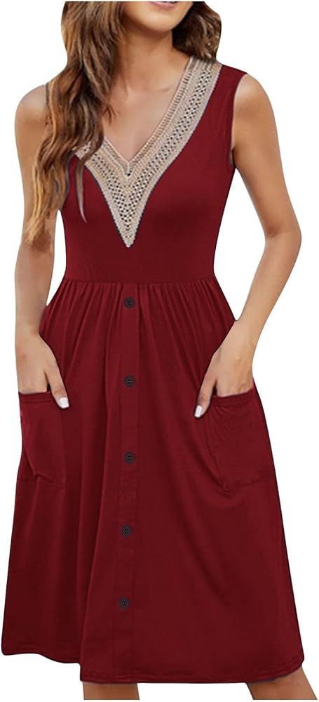 Wine-Red Sundress with Crochet Trim and Pockets — Cruise Dresses