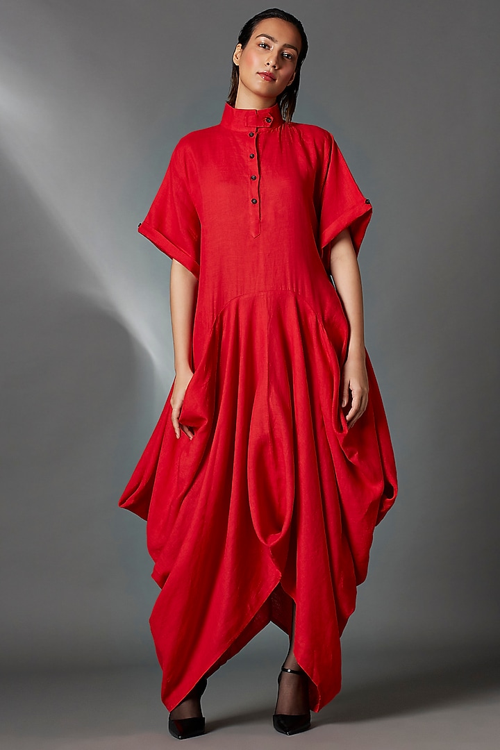Dramatic Drape: Vibrant Red Linen Vacation Dress Dramatic Drape: Vibrant Red Linen Vacation Dress — Chola Outfits