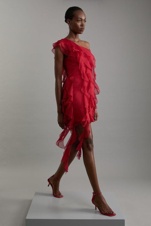 Red Ruffled One-Shoulder Mini Dress — Going Out Dresses