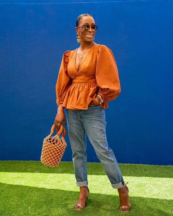Rust Peplum Blouse with Puff Sleeves and Light Wash Jeans — Peplum Top Outfits
