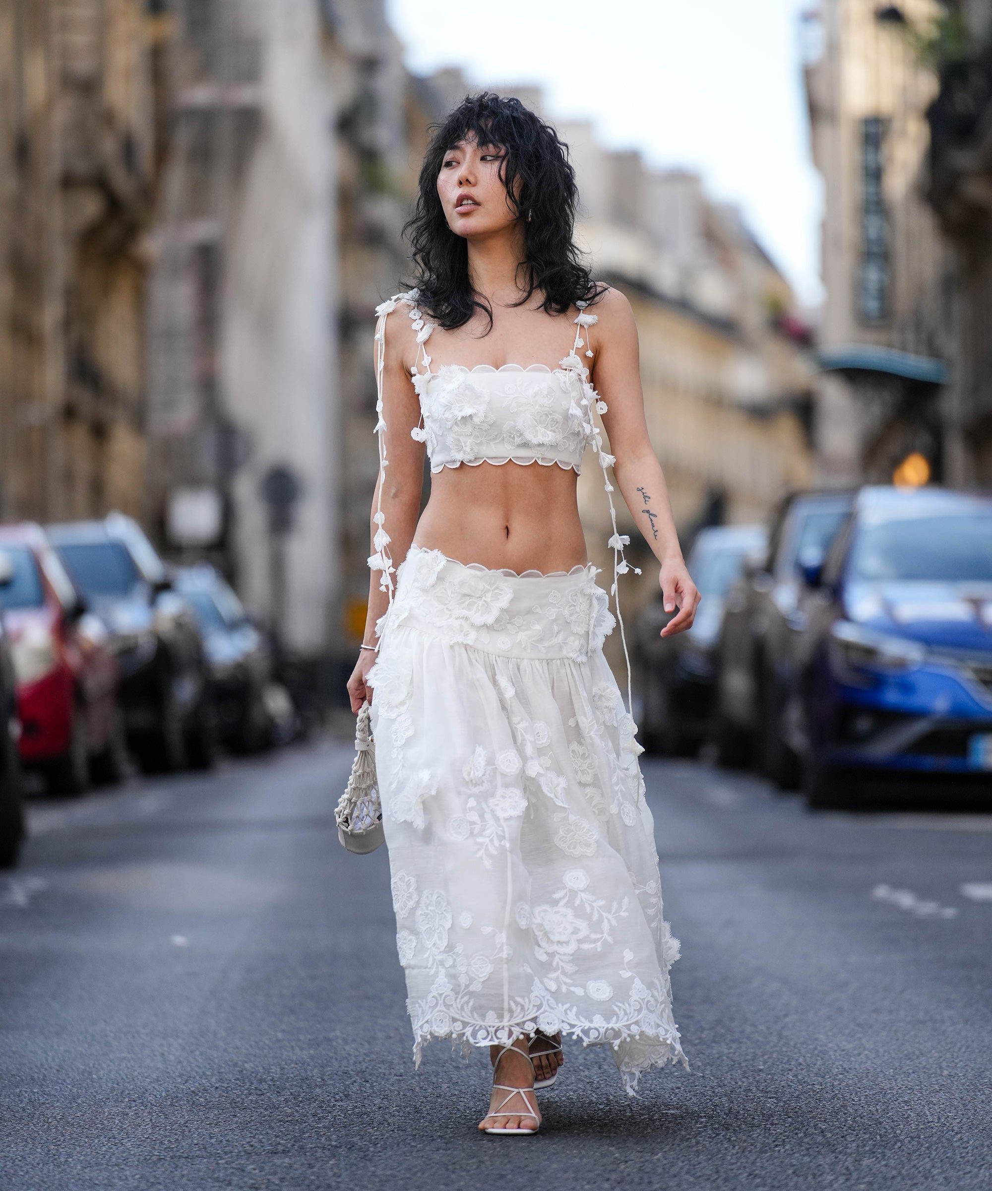 Ethereal Summer Fashion: White Floral Applique Crop Top with Lace Maxi Skirt — Crop Top Outfits