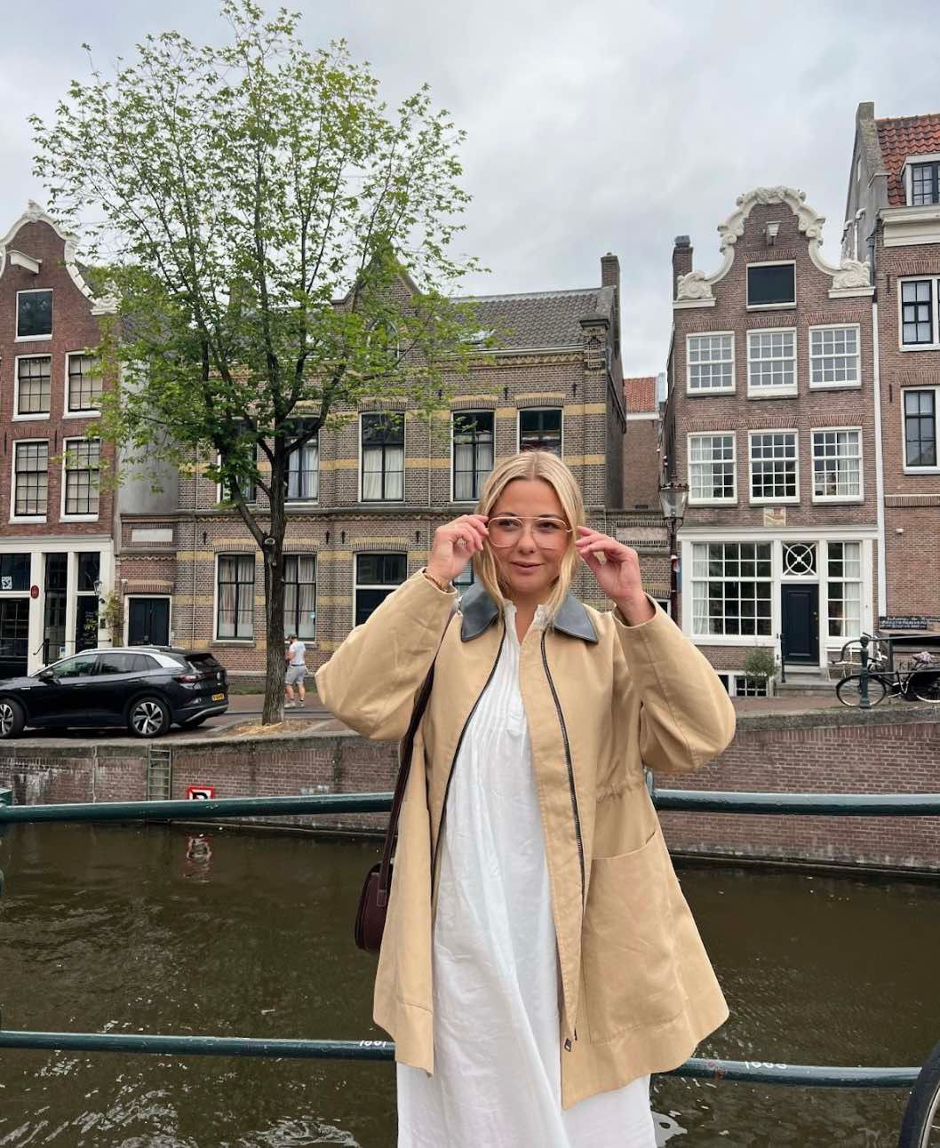 Beige Jacket with Grey Collar Over White Dress Beige Jacket with Grey Collar Over White Dress — Amsterdam Outfits