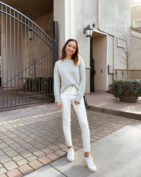 Grey Sweater, White Skinny Jeans, and White Sneakers — White Sneakers Outfits