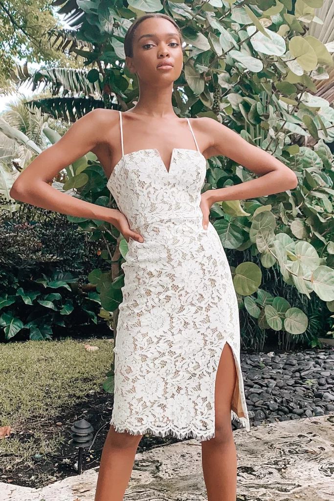 Ivory Lace Midi Dress with Thigh-High Slit — Rehearsal Dinner Dresses