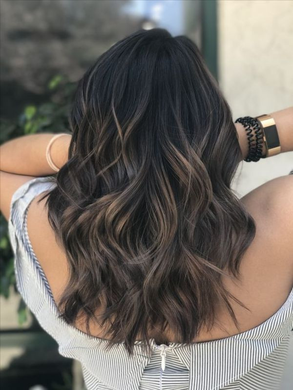Collarbone Caramel Blowout — Highlights on Black Hair
