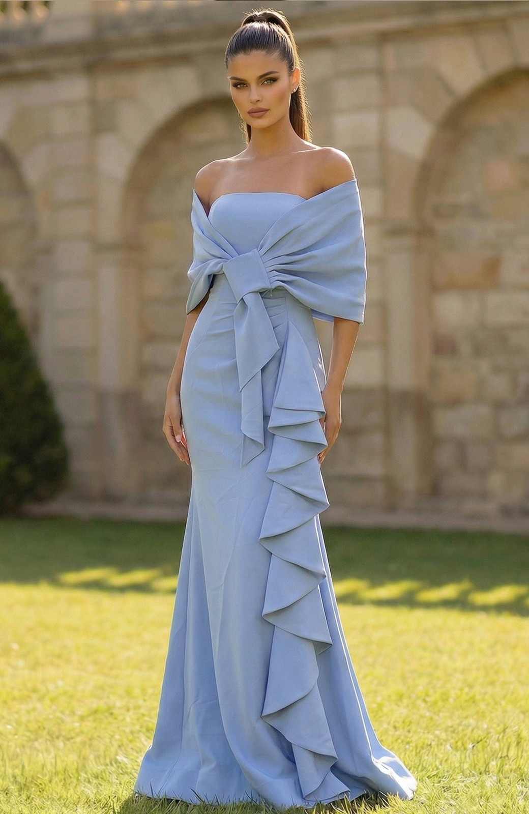 Light Blue Off-the-Shoulder Dress with Cascading Ruffles — Off the Shoulder Dresses