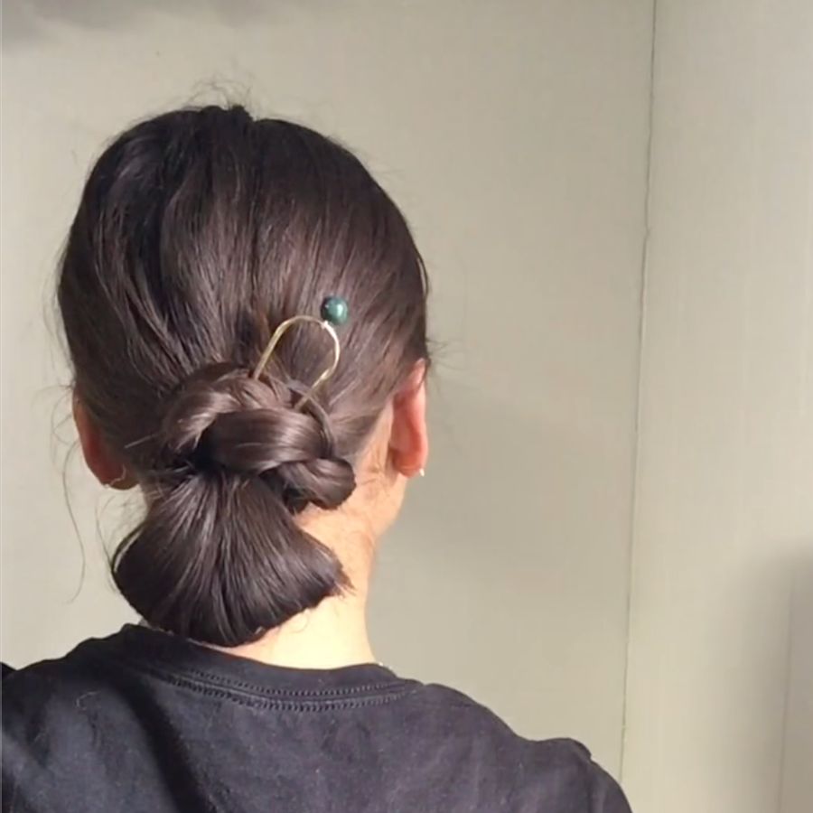 Shoulder-Length Dark Brown Braided Bun with Pin — Braided Low Bun