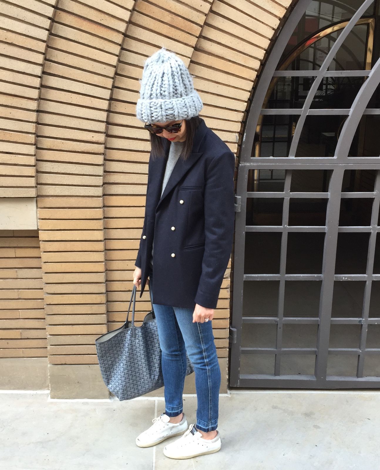 Navy Blazer and Beanie with Metallic Star Sneakers — Golden Goose Outfits