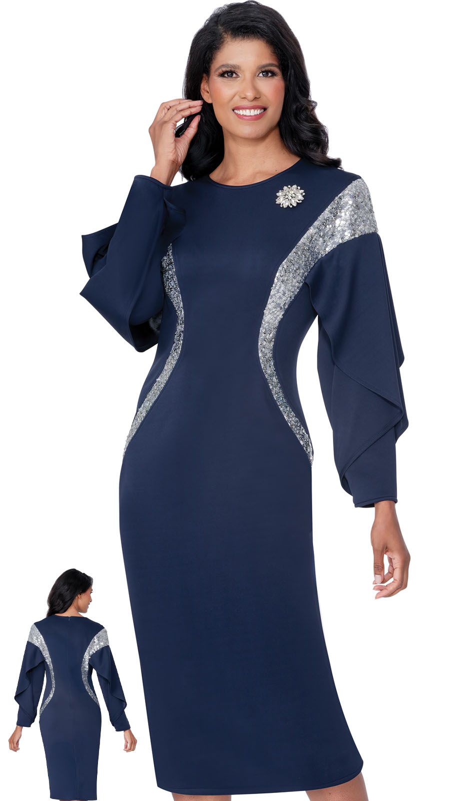 Navy Blue Dress with Sequined Side Panels and Layered Sleeves Navy Blue Dress with Sequined Side Panels and Layered Sleeves — Church Dresses
