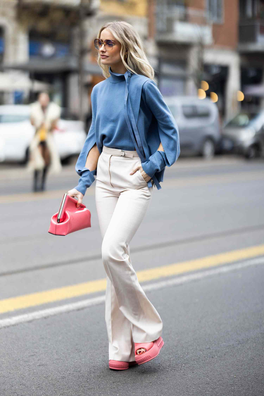 Wide-Leg Trousers and Cut-Out Top with Bright Pink Platform Sandals — Platform Heels Outfits