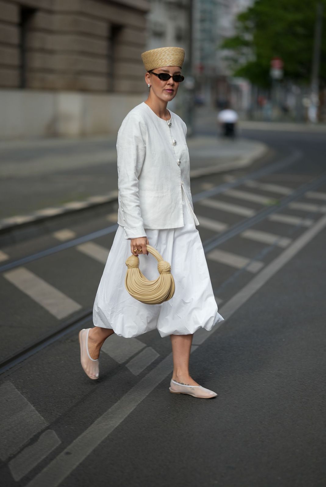 Light Pink Mesh Flats with White Linen Jacket and Midi Dress Light Pink Mesh Flats with White Linen Jacket and Midi Dress — Mesh Ballet Flats Outfits
