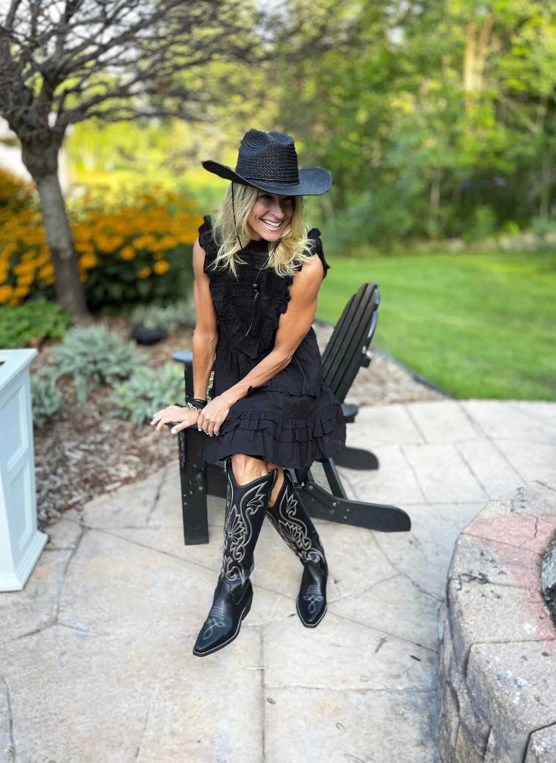 Ruffled Mini Dress with Detailed Black Cowboy Boots and Hat — Cowboy Boot Outfits with Dress