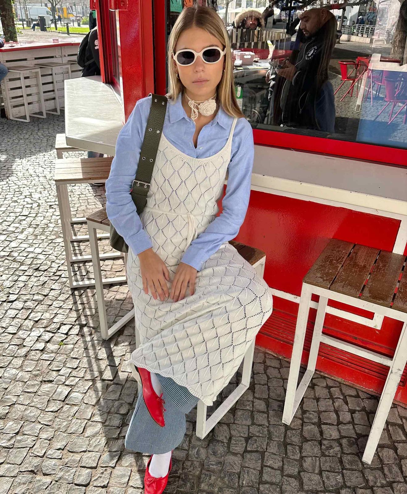 White Knit Slip Dress over Striped Trousers White Knit Slip Dress over Striped Trousers — Copenhagen Outfits