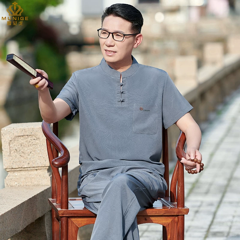 Grey Mandarin Collar Shirt with Frog Buttons Grey Mandarin Collar Shirt with Frog Buttons — Outfits for Men Over 50