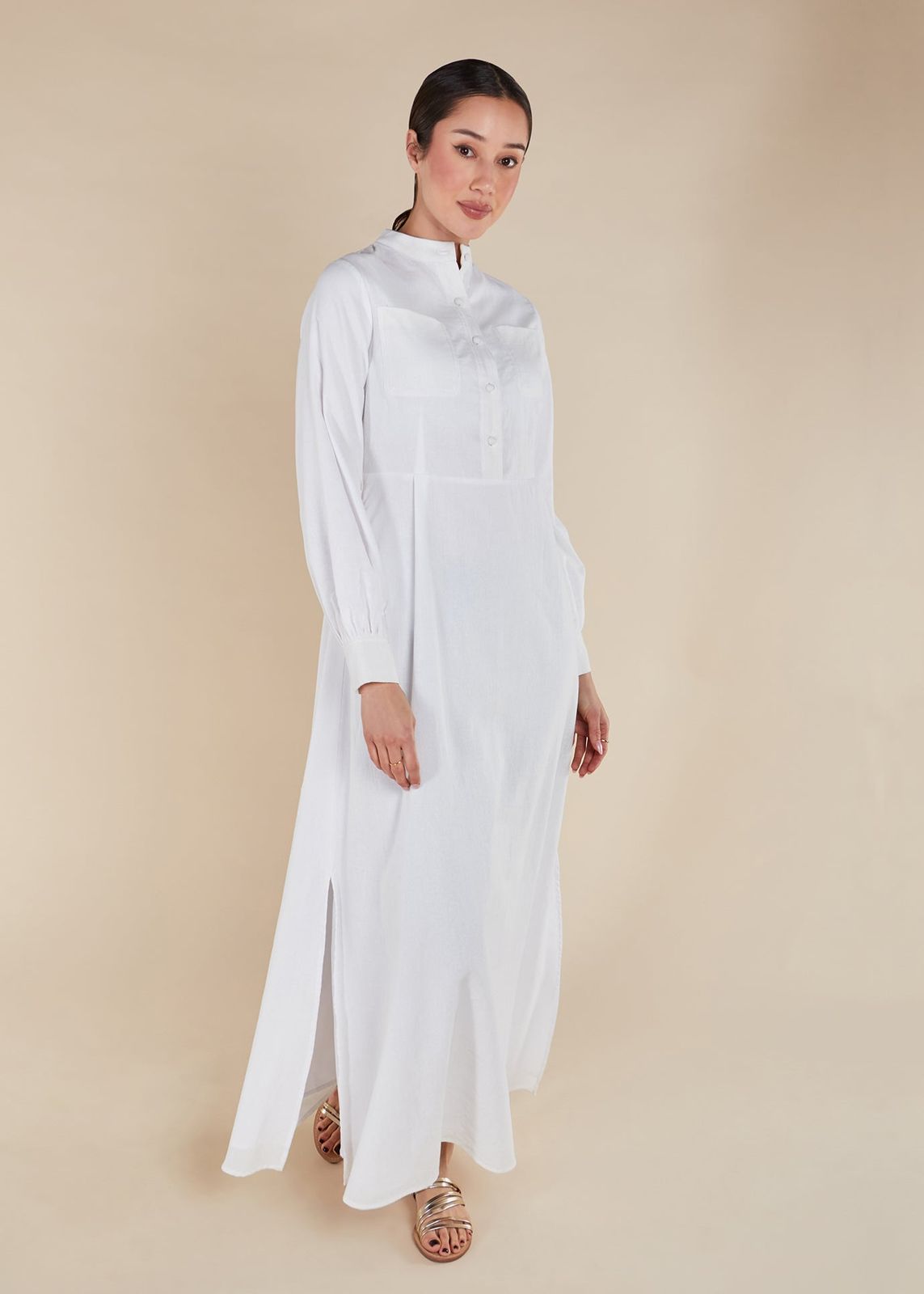 Mandarin Collar Linen Maxi Dress for Casual Comfort — Modest Dresses