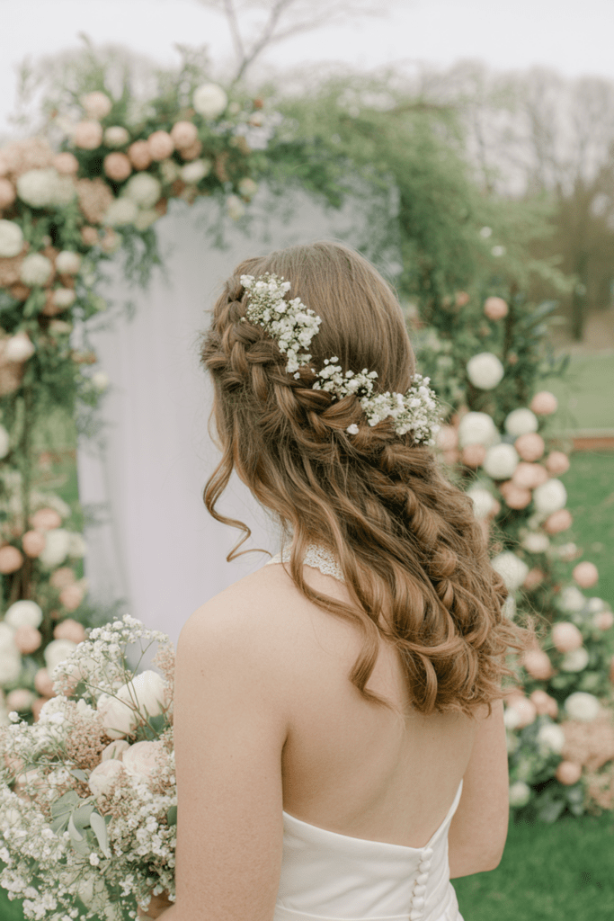 Medium Brown Braids With Curls and Flowers Medium Brown Braids With Curls and Flowers — Wedding Hairstyles