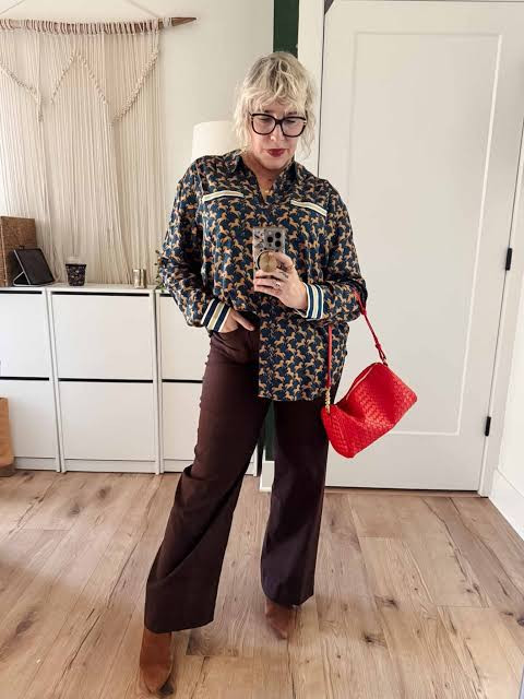 Printed Blouse with Wide-Leg Trousers and Red Bag — Anthropologie Outfits