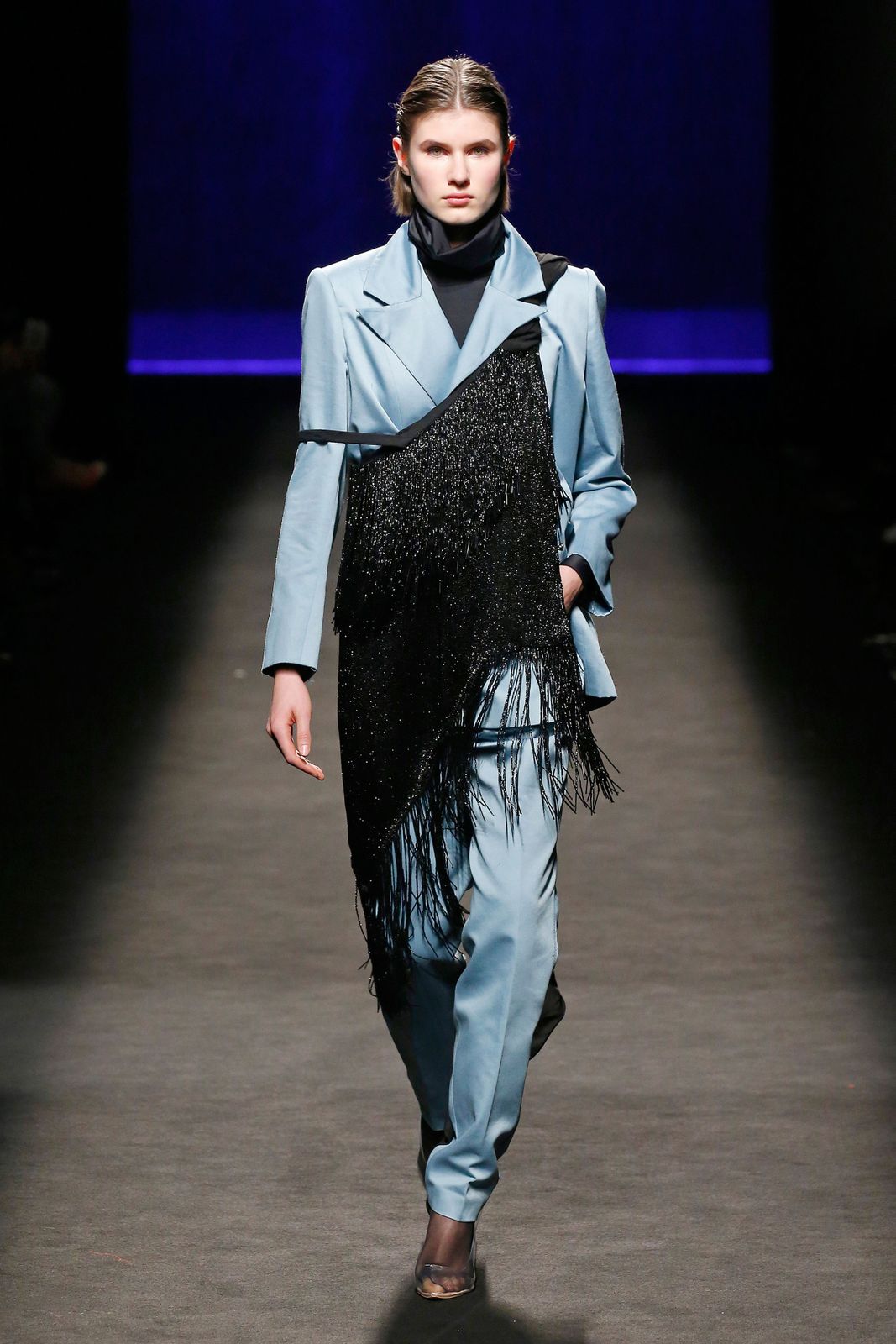 Light Blue Satin Suit with Black Fringe Bag Light Blue Satin Suit with Black Fringe Bag — Madrid Outfits