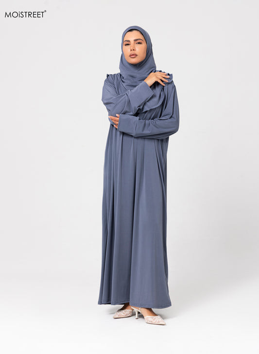 Slate Blue Abaya with Ruffled Shoulder Details — Abaya Outfits